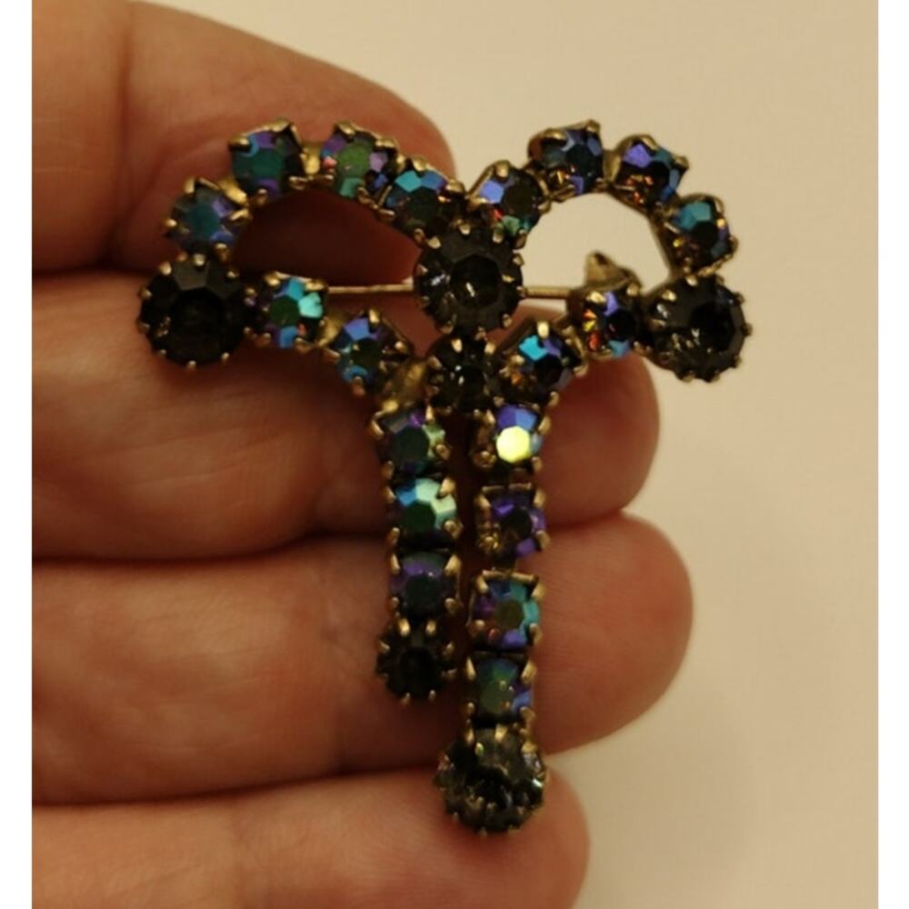 Vintage Blue Brooch Aurora Borealis Ribbon Bow Iridescent Rhinestone Mid-Century